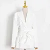 TWOTWINSTYLE Blanc Minimaliste Blazer Pour Femmes Entaillé À Manches Longues Ceintures Élégant Blazers Femme Mode Vêtements 211122