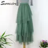 Vår sommar oregelbunden lång pläterad tulle kjol kvinnor koreansk stil mesh hög midja estetisk maxi kvinnlig 210421