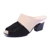 Women Sandals &slippers Peep Toe Rhinestone Thick High-heeled Color Block Decoration Open Woman Mid Heel