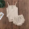 Baby Designs Clothing Sets Infant Girls Suspender Tops Shorts Solid Striped Jumpsuits Ruffle Children Outfits HHC7037