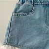 شورت جينز 2-12T للبنات طفل رضيع ملابس المراهقين الصيف غير الرسمية الكشكشة الدانتيل الدنيم أنيقة لطيف الحلو السراويل
