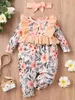 Baby Floral Print Flounce Sleeve Ruffle Trim Bow Jumpsuit Hon