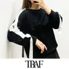TRAF Women Vintage Stylish Ribbon Patchwork Loose Sweatshirt Fashion O Neck Buttoned Long Sleeve Female Pullovers Chic Tops 210415