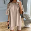 Littlerossa 2021夏Tシャツバイカーショーツ2個セットサッシの女性oネック2ピースベルト家庭用服ドレス