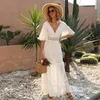 Women Dress Hollow Out V-neck Chiffon Dresses Flare Sleeve Perspective Sexy White Plus Size Clothes 210513