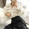 Ny vår Koreanska Ruffles Blus Kvinnor Slå ner Krage Långärmad Toppar Lösa Tung Arbete Cupcake OL SHIRT FEMININO BLUSAS 13336 210417