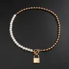 Punk Asymmetric Imitation Pearl Chain Necklace Men Steampunk Lock Lariat Clasp Lasso Pendant Fashion Women Jewelry 2022