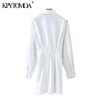 Vrouwen chique mode knop-up geplooid mini shirt jurk vintage lange mouw rug elastische slanke vrouwelijke jurken mujer 210416