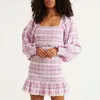 Casual Dresses Boho Inspirerad Lilac Plaid Print Dress Women Smocked Bodice Sexig Party Långärmad Ruffle Chic Höst