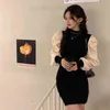 1 Chic Korean Half Turtleneck Lantern Sleeve Dress Women Short Casual Retro Slim Waist Patchwork Knitted 210429