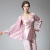 Summer Women Silk Satin Sleepwear Rge Size Textil Homewear Solid Color Sling Sexy Pyjamas Three Piece Pyjamas Set23016379559562