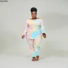 CM.Yaya Plus Storlek XL-4XL Tie Dye Print Kvinnors Set Långärmad TEE Toppar Penna Byxor Suit TrackSuit Two Piece Fitness Outfit 210930