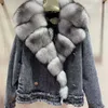 Fursarcar Högkvalitativa riktiga pälsrockar Vinter Kvinnor Coats Fashion Warm Fur Collar Jean Splice Jacket Kvinna överrock 211019