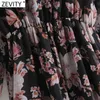 Kobiety Vintage V Neck Flower Print Elastyczna Talia Szyfonowa Midi Dress Lady Z Długim Rękawem Casual Slim Party Vestido DS4729 210420