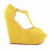 Peep Toe High Platform Wedges Sandal Kvinnor 2021 Sommar Solid Flock T-Shape Spänne Rom Sandaler KONCISS Heels Shoes 14cm