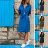 Mode-nedgångskrage Party Autumn Shirt Dress Women Solid Three Quarter Sleeve Summer Dress Plus Size Casual Vestidos Robe 210331