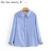 Fashion Vintage Woman Slim Peter Pan Collar Ruffled Blue Striped Long Sleeve Shirt Tops Blouses Chemise Femme 210508