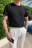 男性のための夏のニットのTシャツのソリッドカラー半袖スリムカジュアルTシャツストリートウェアOネックトップスティーアイスシルク通気性210527