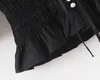 黒のスプライスされたレースVネックパフ半袖パールボタンシャツセクシーな女性の木の耳ブラウスコットントップ210429