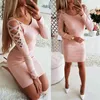 Cross Hollow Out off Brocas Perfuradas Mini Vestido Mulheres Outono Roupas de Mangas compridas Pacote Hip Vermelho Rosa Sexy Bodycon Vestidos 210507