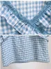 Koreaanse zomer 2 stuk set mode plaid ruches borduurwerk T-shirt v-hals shirt top + hoge taille denim mini rokken pak 210518