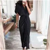 Casual Dresses Women Summer Elegant Button Ruched Bandage Shirt Dress Fashion Short Sleeve Solid v Neck Beach Maxi