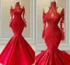 Plus Size Red Mermaid Brautkleider 2022 Illusion Long Sleeves Lace Vestido De Noiva High Neck Formale Brautkleider