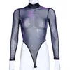 Moda Shining Uzun Kollu Bodysuit Örgü Fishnet Tulum Kadınlar Goth Gotik Seksi Vücut Femme Gömlek Üst Şeffaf Bluz Yeni Y0927