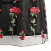 Retro Rose Floral Embroidery Midi Tulle Puff Skirts Vintage Women High Waist Saia Feminina Mesh Ball Gown 210527