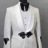 White Floral Jacquard Men Suits for Wedding 2 Piece Slim fit Groom Tuxedo with Black Pants Man Fashion Costume Male Set Jacket X0909
