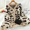 Autumn Winter Korean Style V-neck Leopard Print Cardigan Coat Casual Loose Knitted Sweater 210423