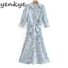 Spring Women Blue Striped Floral Print Shirt Dress Female Lapel Collar With Belt A-line Casual Vestido Plus Size 210514