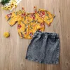 Set di vestiti per neonate Estate per bambini con spalle scoperte Top floreali a maniche corte e gonne di jeans Abiti per bambini alla moda