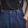 Maden Mens Retro Casual Blå Striped Pants Scottish Plaid Hem Regular Straight Fit Denim Work Byxor med avtagbara Suspenders 210616