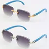 NOUVELLES Lunettes de soleil de luxe vintage en bois bleu sans monture C Décoration Forme carrée chaude Lentille de sculpture Lunettes de conduite unisexe Cadre en métal doré 18 carats Lunettes homme et femme