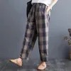 Spring Automne Arts Style Femmes Taille élastique Vintage pantalon lâche en coton Plaid Plaid Casual Harem Plus Taille S38 210512