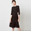 Vintage Dot Print Pleated Dress Women A Line Elegant Party Ladies Casual O Neck Three Quarter Sleeve Midi es 210508