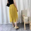 Spring Summer Long Tulle Skirt Women Belt Korean Style Yellow Mesh High Waist Aesthetic Midi Pleated Female 210421