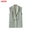 Tangada Elegant Kvinnor Grön Waistcoat Vest Coat With Buttons Office Ladies Ärmlös Blazer Dubbel Breasted Top Da84 210609