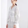 White Sweet Party Long Bell Sleeve Lace Trim Layered Hem Dress Sexy V Neck High Waist Elegant Romantic Dresses Vestidos 210421