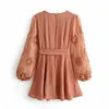 Women Chic Embroidery Patchwork Dress V Neck Pink Color Stylish Bandage es Lantern Long Sleeve Mini Vestidos 210515