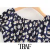 Traf Women Chic Fashion Floral Print Lace-Up Mini Dress Vintage Slash Neck Side Zipper Female Dresses Vestidos Mujer 210415