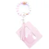 Fashion PU Leather Bracelet Wallet Keychain Tassels Bangle Key Ring Holder Card Bag Silicone Beaded Wristlet Handbag ID Purse Credit Pocket Tassel for Women