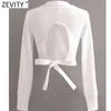Women V Neck Long Sleeve Hem Bow Tied Chic Camis Tank Ladies Sexy Backless Knitted Slim T-shirt Casual Short Tops LS9011 210416
