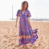 Jastie Boho Style Beach Long Dress Button V-Neck Kobiety Sukienki Tassle Chic Krótki Rękaw Summer Sukienka Sukienka Kobieta Vestidos 210419