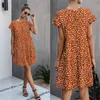 Yaz Elbiseler Kadın Çiçek Leopar Baskı Kısa Kollu Rahat Gevşek Elbise Siyah Mini Kısa Sundress Beach T Shirt Elbiseler 210415