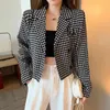 Femmes Plaid Poche Bouton À Manches Longues Col Encoche Blazer Court Recadrée Simple Boutonnage Houndtooth Chic C0330 210514