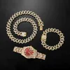 Hip Hop 15 MM 3 pièces KIT montre + collier + Bracelet Bling cristal AAA + glacé strass broches chaînes cubaines pour femmes hommes bijoux