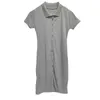 WOMENGAGA Grau Sexy Knöpfe Stricken Elastizität Basic Einfach Umlegekragen T-Shirt Minikleid 5CL0 210603