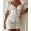 Femmes d'été blanc mini manches courtes simple boutonnage sexy robe crayon moulante 210415